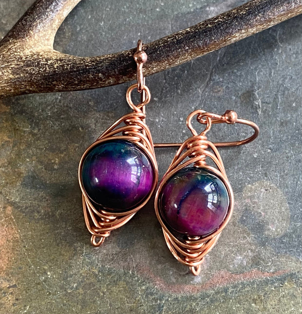 Tiger Eye Earrings, Wire Wrapped Cat Eye Aurora Tiger Eye Dangle Earrings, Gemstone Earrings, Orange Fire Agate Gemstone Earrings,