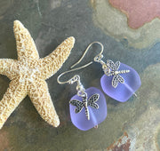 Sterling Silver Sea Glass Dragonfly Charm Earrings,Periwinkle SeaGlass Earrings, Beach Weddings,Blue earring, Green Sea glass Earrings,