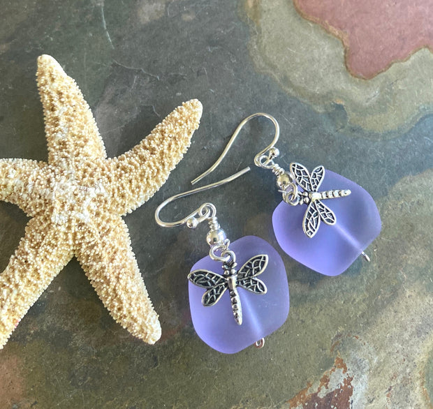 Sterling Silver Sea Glass Dragonfly Charm Earrings,Periwinkle SeaGlass Earrings, Beach Weddings,Blue earring, Green Sea glass Earrings,