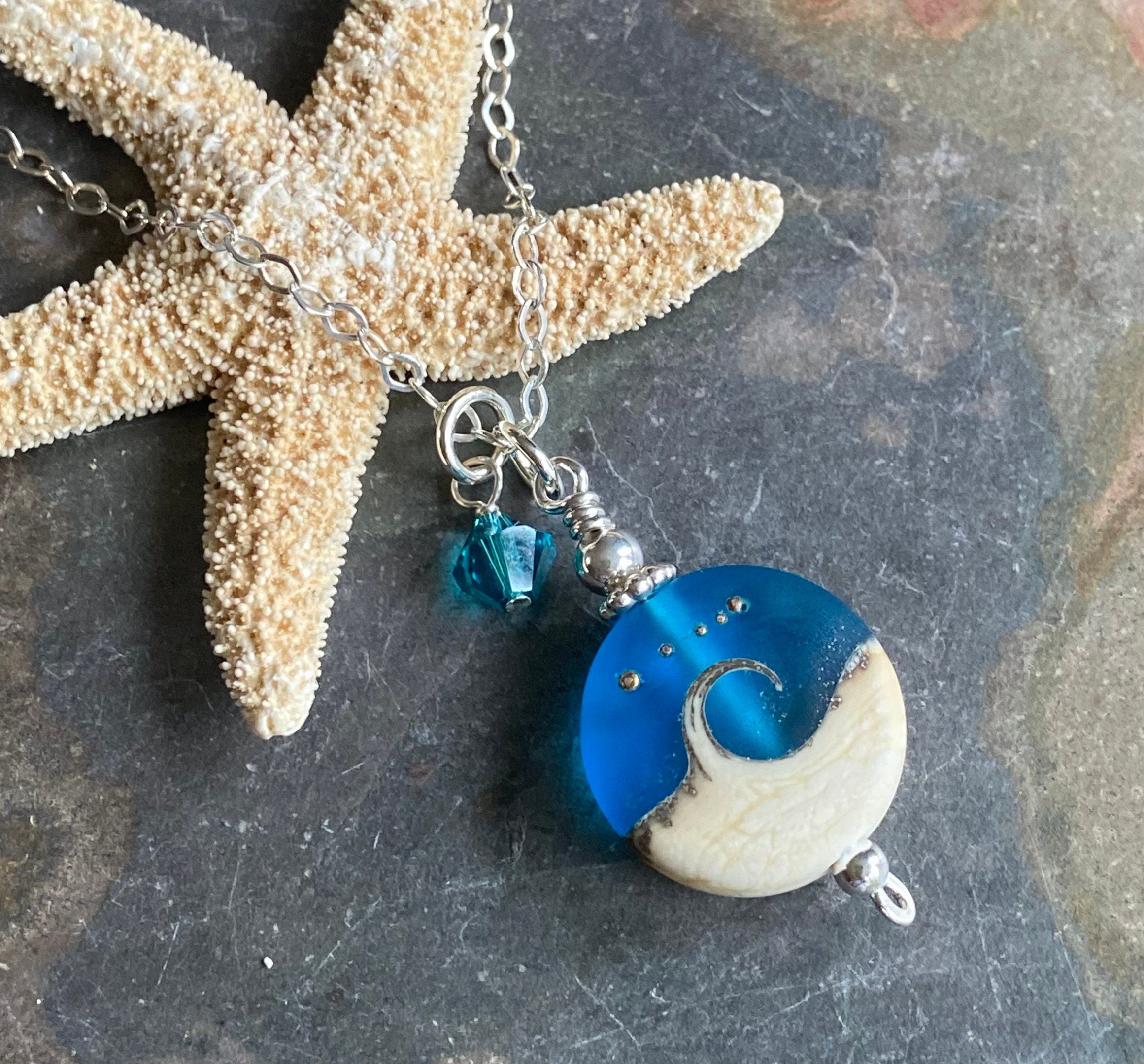 Blue Beach Wave Necklace in .925 Sterling Silver, Ocean Wave Necklace, Blue Beach Wave Sea Glass Necklace ,Wave Lampwork Pendant Necklace