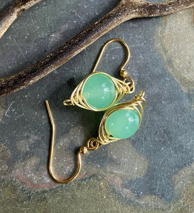 Jade Earrings in  Silver,Wire Wrapped Herringbone green Jade Dangle Earrings,May Birthstone earrings, Healing Gemstone Earrings