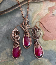 Ruby Copper Pendant Wire Wrapped Gemstone Necklace & Earrings Boho Style  Jewelry, Wire Design Natural Ruby Stone July Birthstone Gift Idea