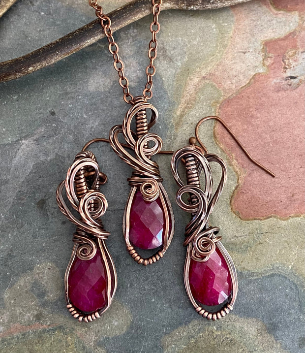 Ruby Copper Pendant Wire Wrapped Gemstone Necklace & Earrings Boho Style  Jewelry, Wire Design Natural Ruby Stone July Birthstone Gift Idea