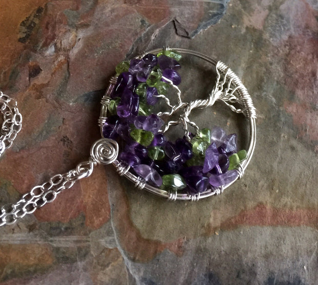 Hand crafted Tree of Life Necklace with Amethyst and Peridot in Sterling Silver, February and August Birthstone Tree of Life Necklace,