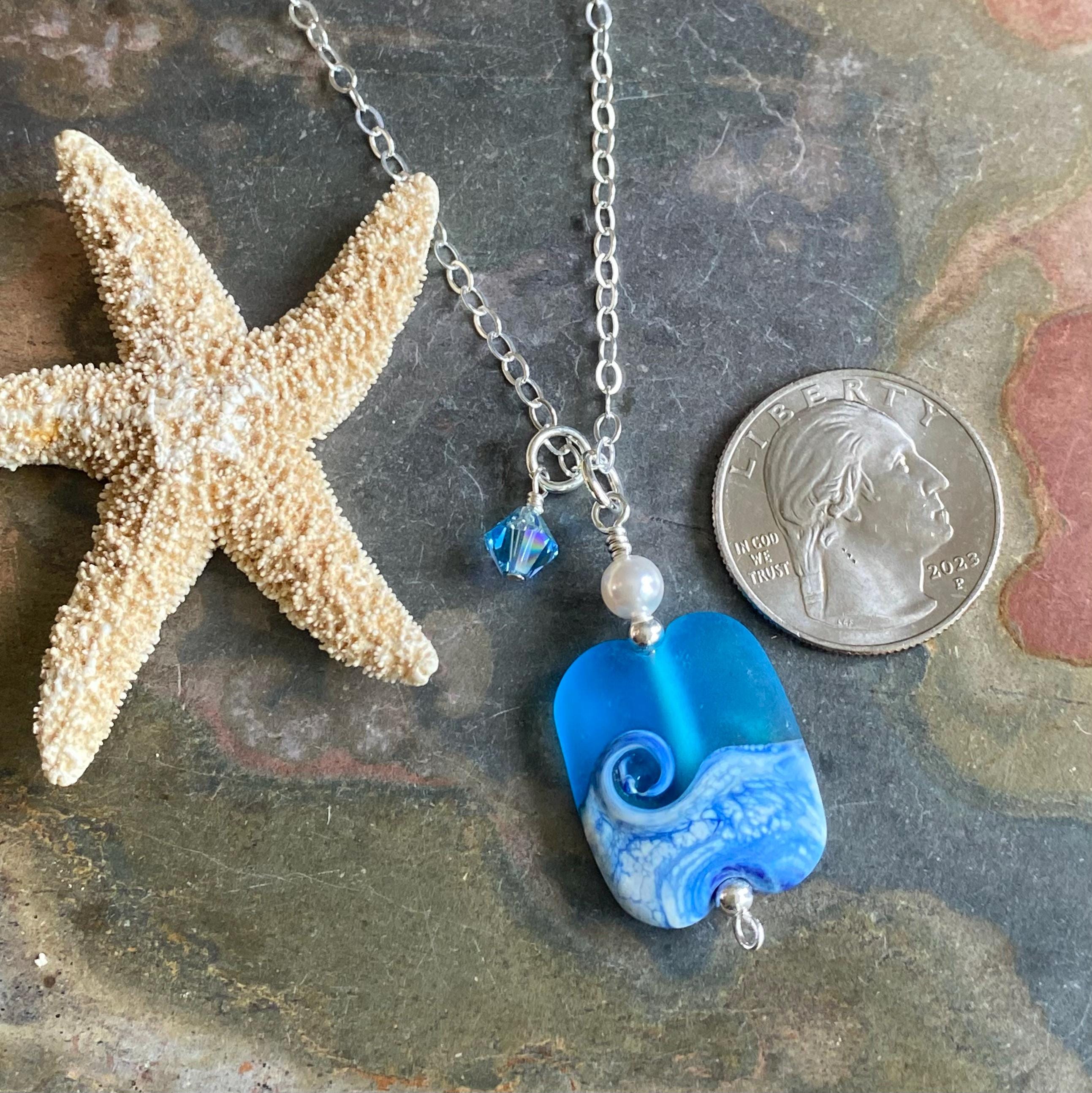 Wave Necklace, Lapmwork Ocean Wave Necklace, Blue Beach Wave Necklace, Beach Wave Jewelry, Blue Sea Glass Necklace sterling silver
