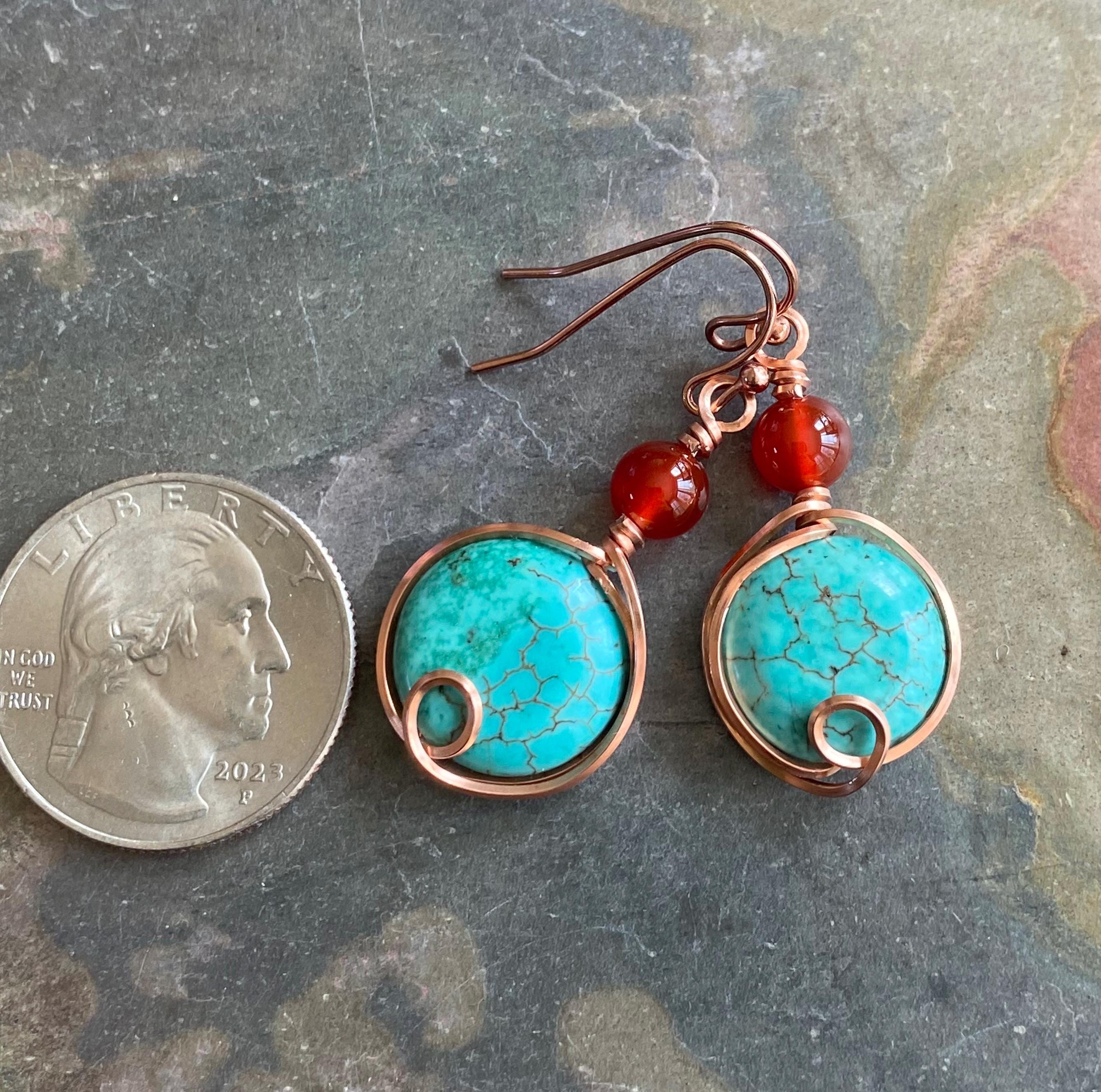 Turquoise Carnelian Earrings in Copper, Wire Wrapped Howlite Turquoise  Dangle Earrings,   Rustic Jewelry, Handmade Jewelry, Gifts for Women