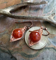 Wire Wrapped Fire Agate Earrings, Orange Fire Agate Gemstone Earrings, Agate Herringbone Earrings in Copper, Fire Agate Copper Earrings,