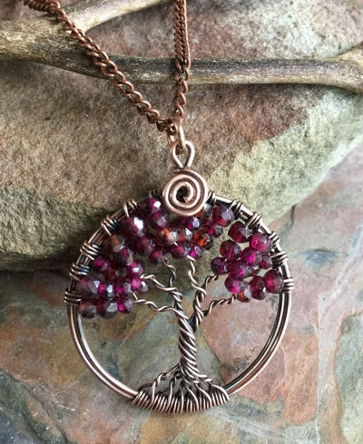 Garnet Necklace,Garnet tree of Life Necklace Antiqued Copper, Wire Wrapped   RHODOLITE GARNET Tree of Life, January Birthstone Tree of Life