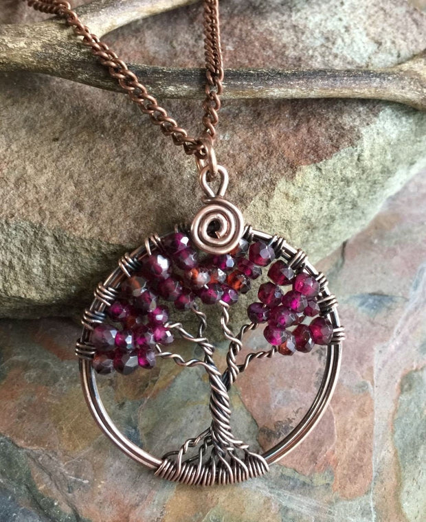 Garnet Necklace,Garnet tree of Life Necklace Antiqued Copper, Wire Wrapped   RHODOLITE GARNET Tree of Life, January Birthstone Tree of Life
