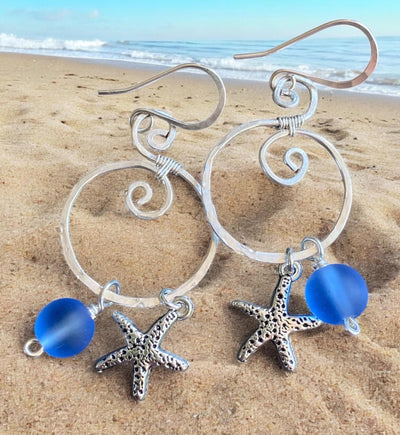 Handmade Sea Glass Starfish Silver Charm Dangling Earrings, Spiral Design Sea Glass Nautical Design Earrings, Coastal Ocean Theme Earrings
