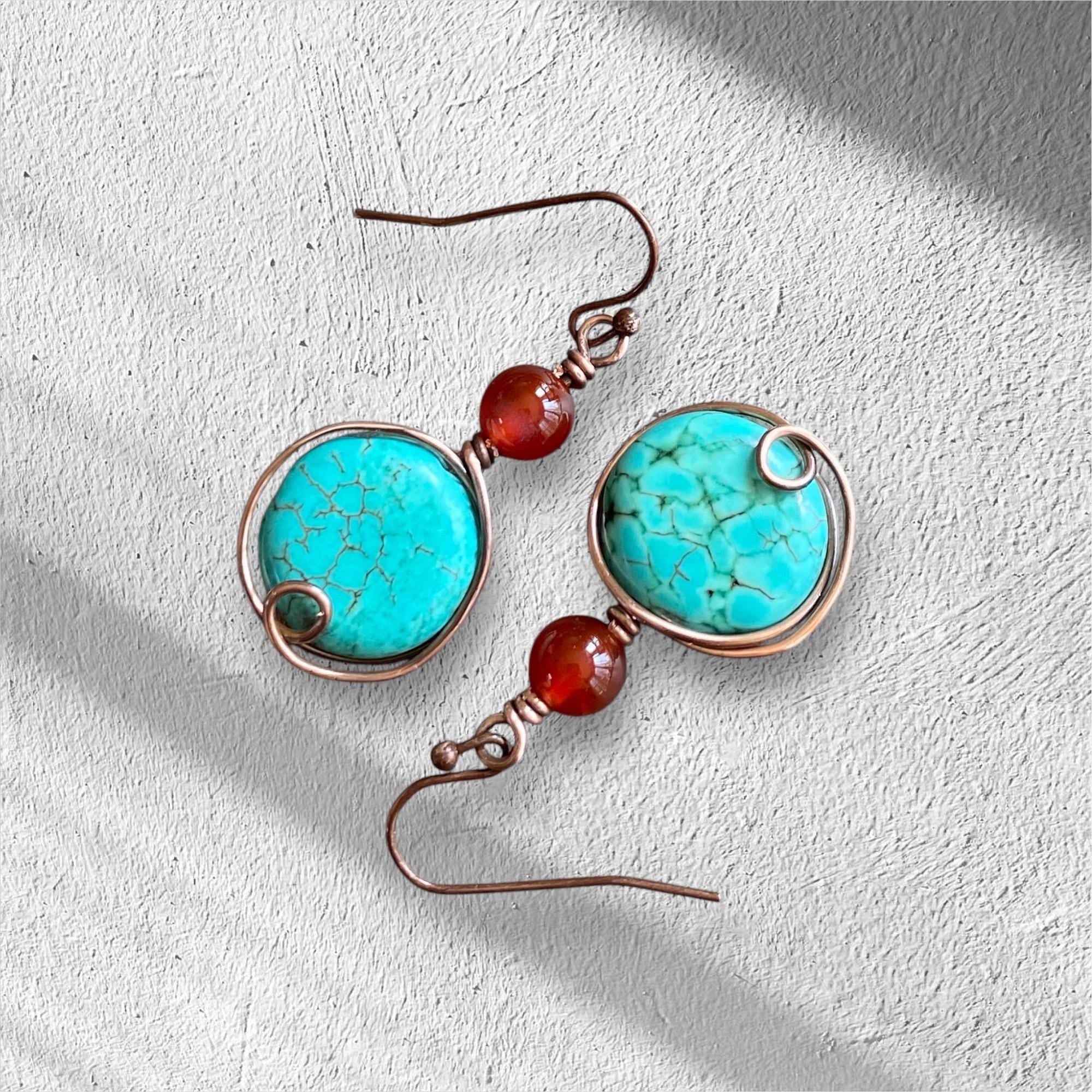 Turquoise Carnelian Earrings in Copper, Wire Wrapped Howlite Turquoise  Dangle Earrings,   Rustic Jewelry, Handmade Jewelry, Gifts for Women