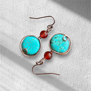 Turquoise Carnelian Earrings in Copper, Wire Wrapped Howlite Turquoise  Dangle Earrings,   Rustic Jewelry, Handmade Jewelry, Gifts for Women