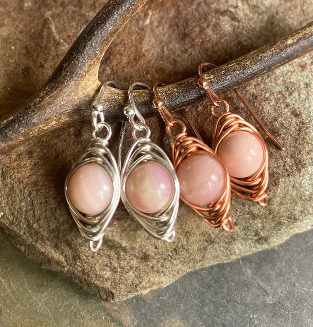 Pink Peruvian Opal Earrings in Sterling Silver/Copper wires, Wire Wrapped Pink Opal Dangling Earrings, Opal Earrings for October Birthday