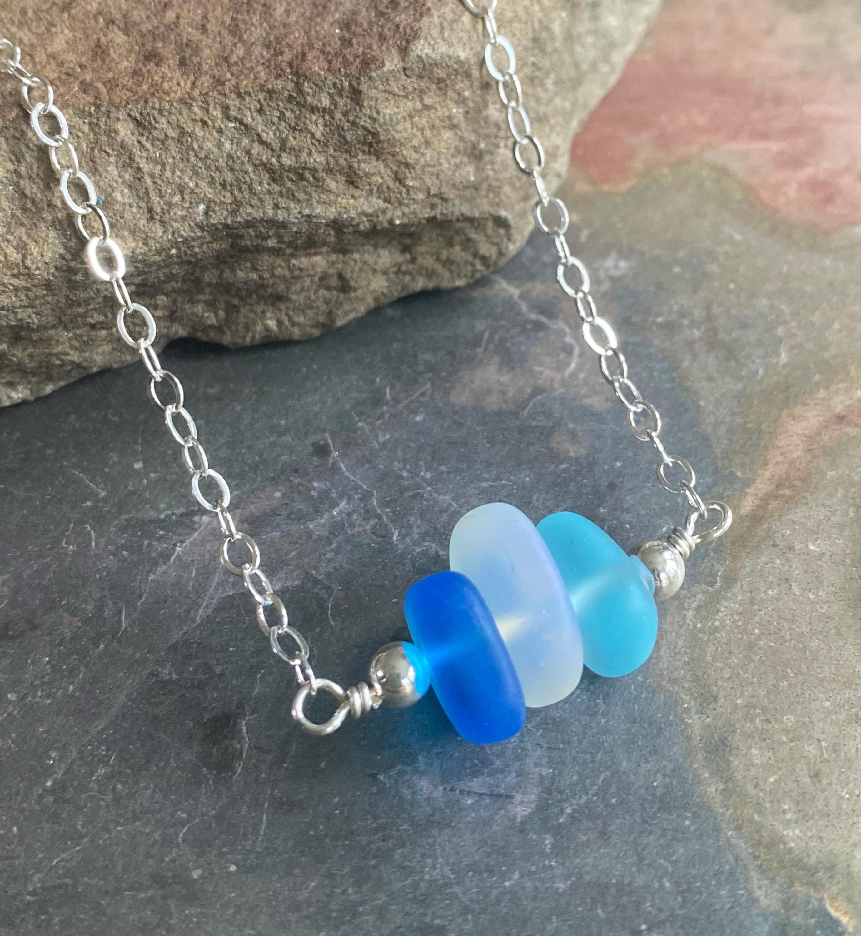 Sea Glass Necklace Beach Style Pendant with Sterling Silver Chain, Minimalist Design Ocean Light Weight Bohemian Necklace, Choose Colors