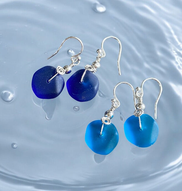 Hand Crafted Cobalt Blue Beach Glass Jewelry in sterling silver, Pacific Blue Sea Glass  Earrings, Sea Glass Earrings, Beach Glass Jewelry