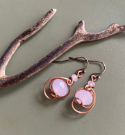 Rose Quartz Earrings, Wire Wrapped Rose Quartz Dangling/Drop Earrings in copper, Pink Rose Quartz dangle Earrings,  Rose Quartz Jewelry,