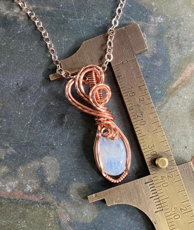 Wire Wrapped Moonstone Necklace in Natural  Copper,Rainbow Moonstone Necklace, Blue Flashing Moonstone Necklace,June Birthstone necklace
