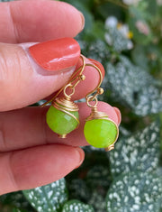 Jade Earrings in Gold, Wire Wrapped Lime green color Jade Earrings,Wire Wrapped dangle  Earrings  Wire wrapped Jade Earrings,