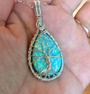 Aqua Blue Opal Necklace, Wire Wrapped Opal Tree of Life Necklace,