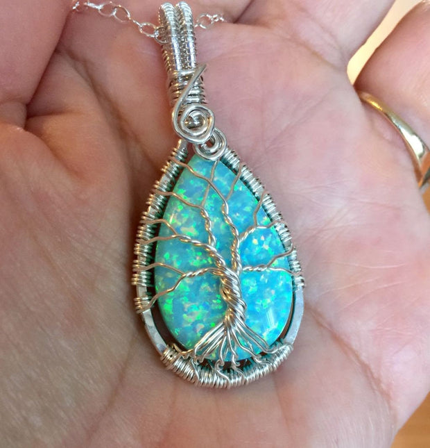 Aqua Blue Opal Necklace, Wire Wrapped Opal Tree of Life Necklace,