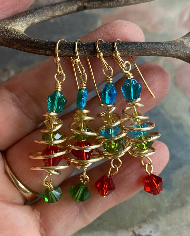READY to  SHIP in 1 to 2  days, Christmas Tree Earrings, Wired Christmas Earrings, Swirled Christmas Tree dangling Earrings, Holiday jewelry