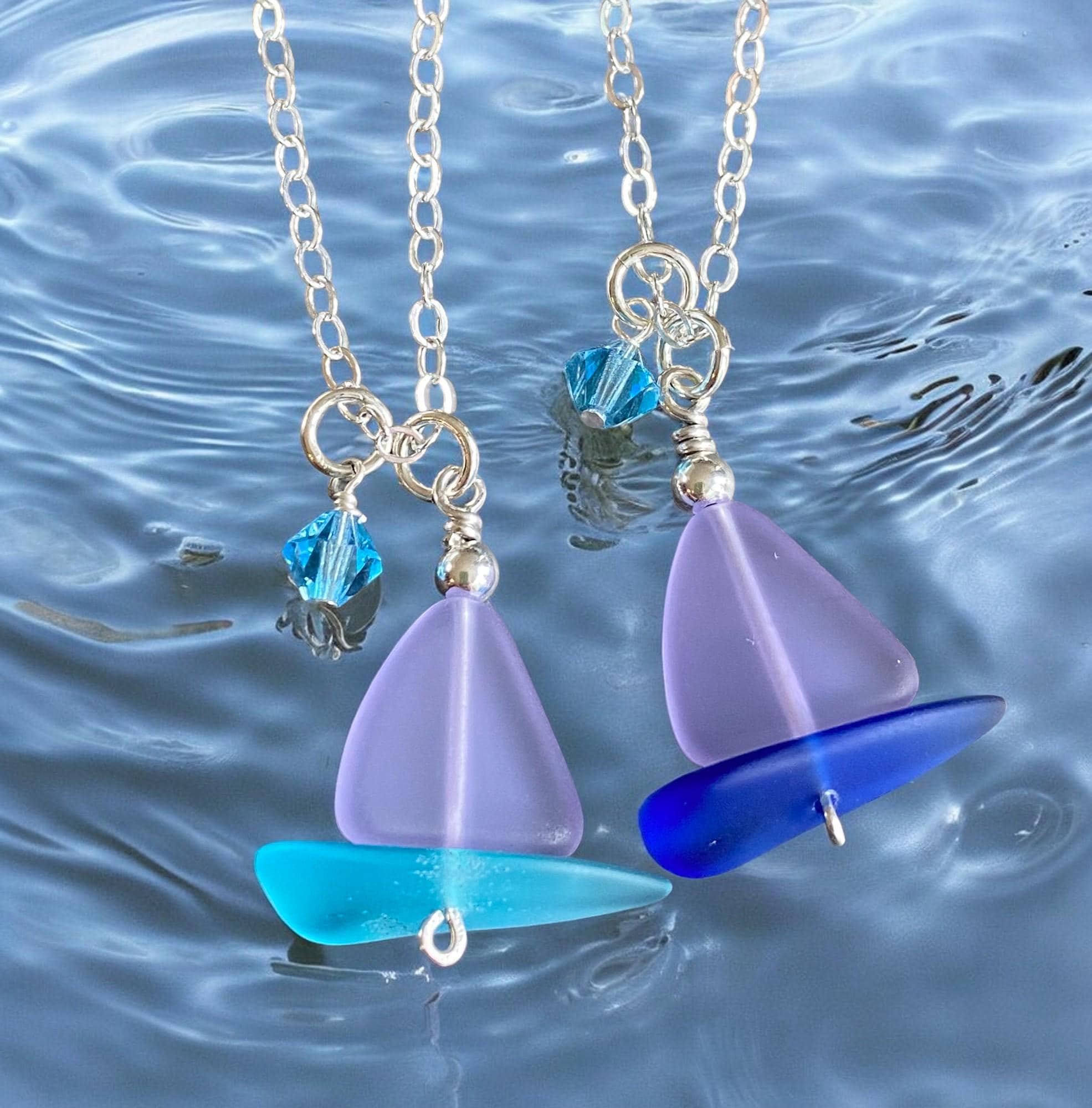 Sailboat Sea Glass Necklace, Periwinkle Sea Glass Pendant, Beach Wedding, Beach glass Necklace in Sterling Silver, Sea Glass Jewelry