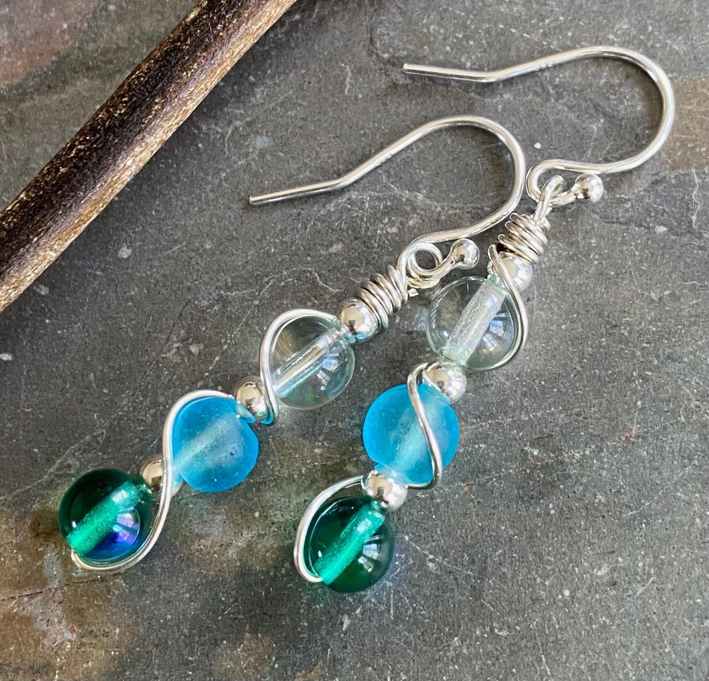 Wire wrapped Sea Glass Jewelry in Sterling Silver, Sea Glass Silver Earrings, Dangling Earrings ,Beach Weddings, Sea Glass  earrings