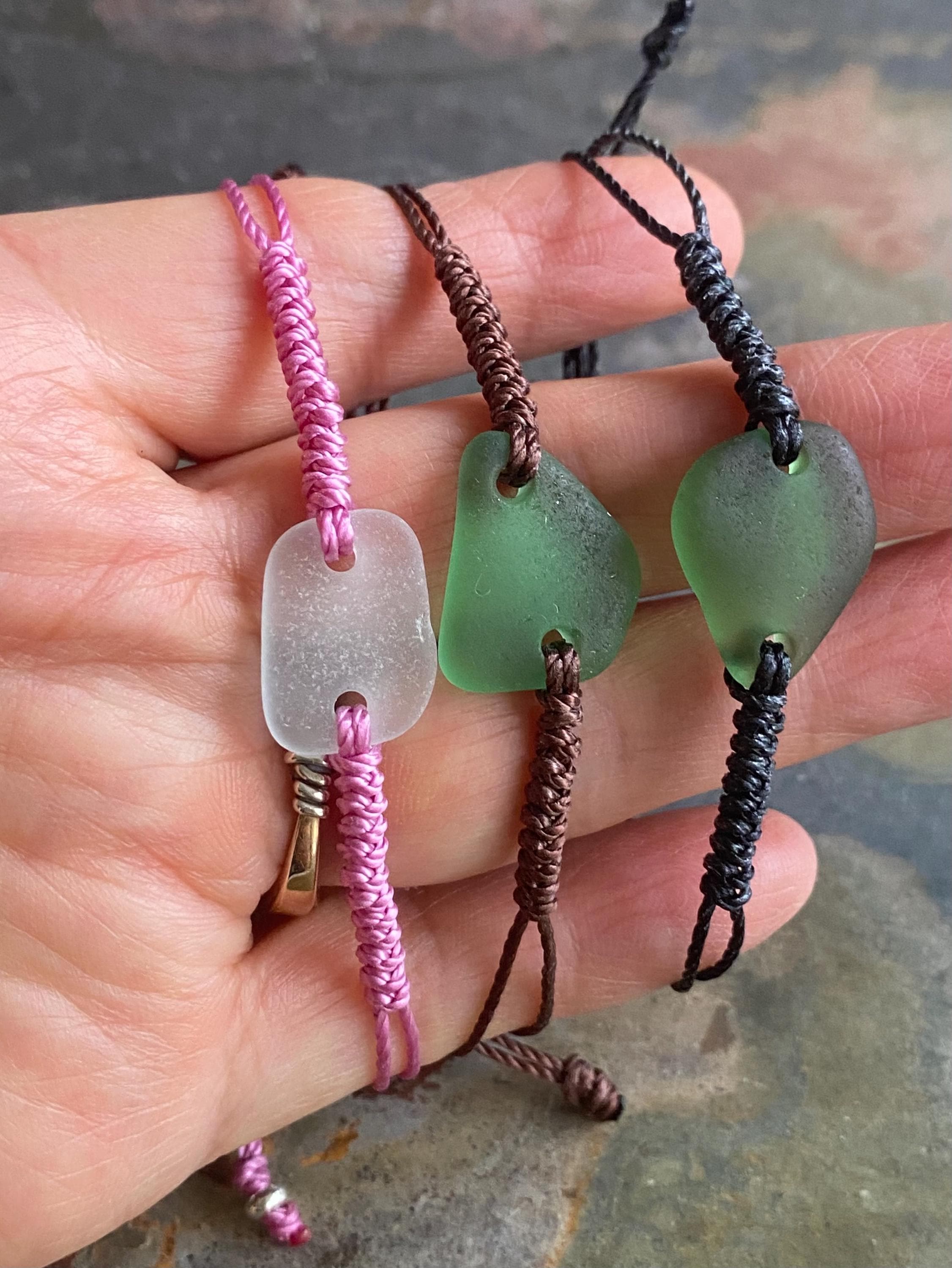 Handmade Macrame Sea Glass Bracelet, Hunter Green Sea Glass Bracelet, Adjustable Sea Glass Macrame Bracelets, Surfer's Sea Glass Bracelet