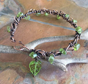 Wire Wrapped Antiqued Copper Bracelet,Adjustable Peridot Bangle/Cuff Leaf bracelet