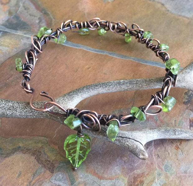Wire Wrapped Antiqued Copper Bracelet,Adjustable Peridot Bangle/Cuff Leaf bracelet