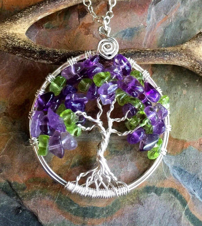 Hand crafted Tree of Life Necklace with Amethyst and Peridot in Sterling Silver, February and August Birthstone Tree of Life Necklace,