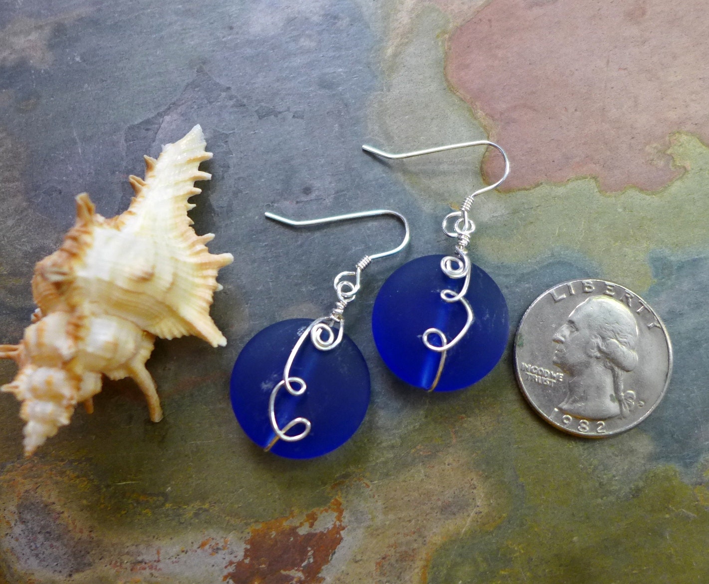 Swirly Cobalt Blue Sea Glass Earrings in Sterling Silver, Wired Cobalt Blue Sea Glass Earrings,Nautical Earrings,Blue Glass Dangle Earrings