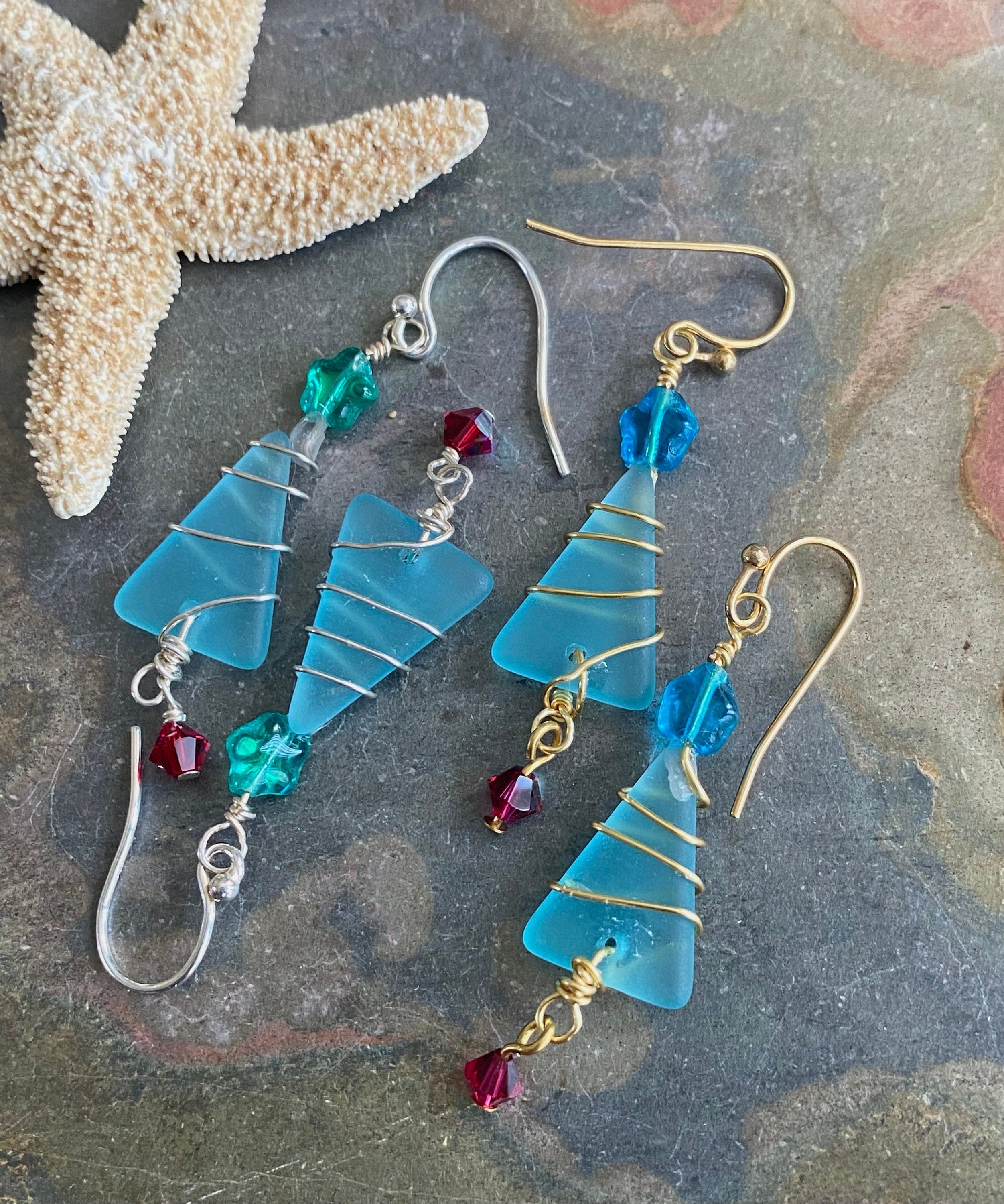 Christmas Tree Earrings, Ready Ship in ONE day, Sea Glass dangling Earrings, Beach Glass Christmas Tree Earrings, Holiday Gifts for Her,