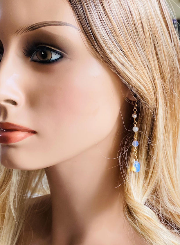 Handmade Moonstone, Pearl & Opalite in Gold Long Dangle Earrings, Elegant Moonstone Long Earrings, June Birthstone Gift for Her