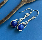 Fancy Swirl Lapis Lazuli Earrings in Sterling Silver, September Birthstone Earrings, Lapis Jewelry, Blue Lapis Dangling Earrings,