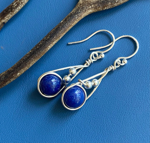 Fancy Swirl Lapis Lazuli Earrings in Sterling Silver, September Birthstone Earrings, Lapis Jewelry, Blue Lapis Dangling Earrings,