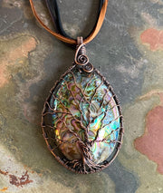 Wire Wrapped Rainbow Abalone Necklace in Antiqued Copper WHOLE PIECE, Abalone Shell Pendant, Abalone Shell Tree of Life Copper Necklace,