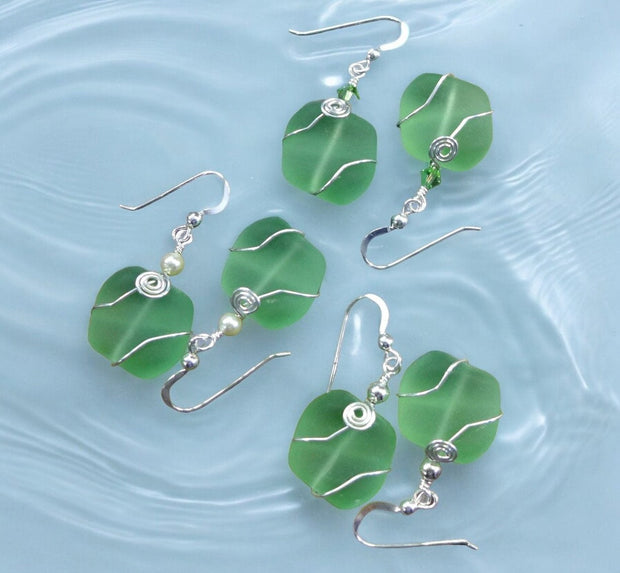 Green Beach Glass Earrings in Sterling Silver Earwires, May Birthstone Sea Glass Earrings, Green sea glass dangle earrings, Beach Earrings