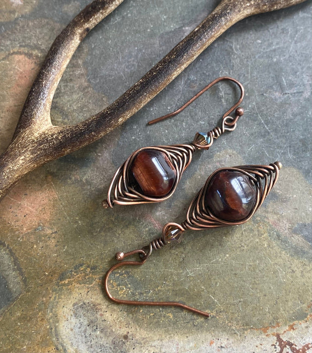 Jasper Earrings, Brecciated Red Jasper dangle earrings in Antiqued Copper Wire, Wire Wrapped Herringbone Jasper dangle earrings
