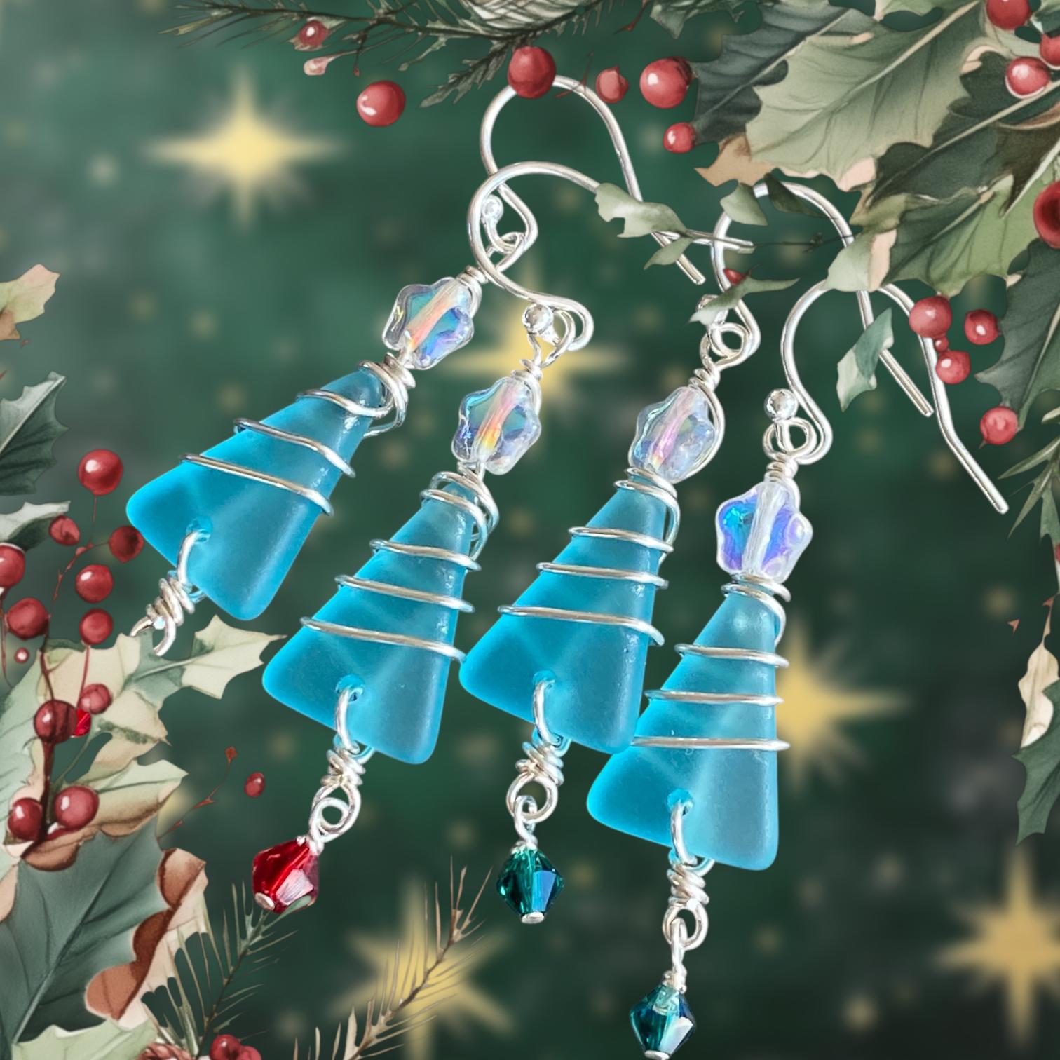 Christmas Tree Earrings, Sea Glass Christmas Dangle Earrings, Sterling Silver Holiday Christmas Earrings, Coastal Holiday Earrings