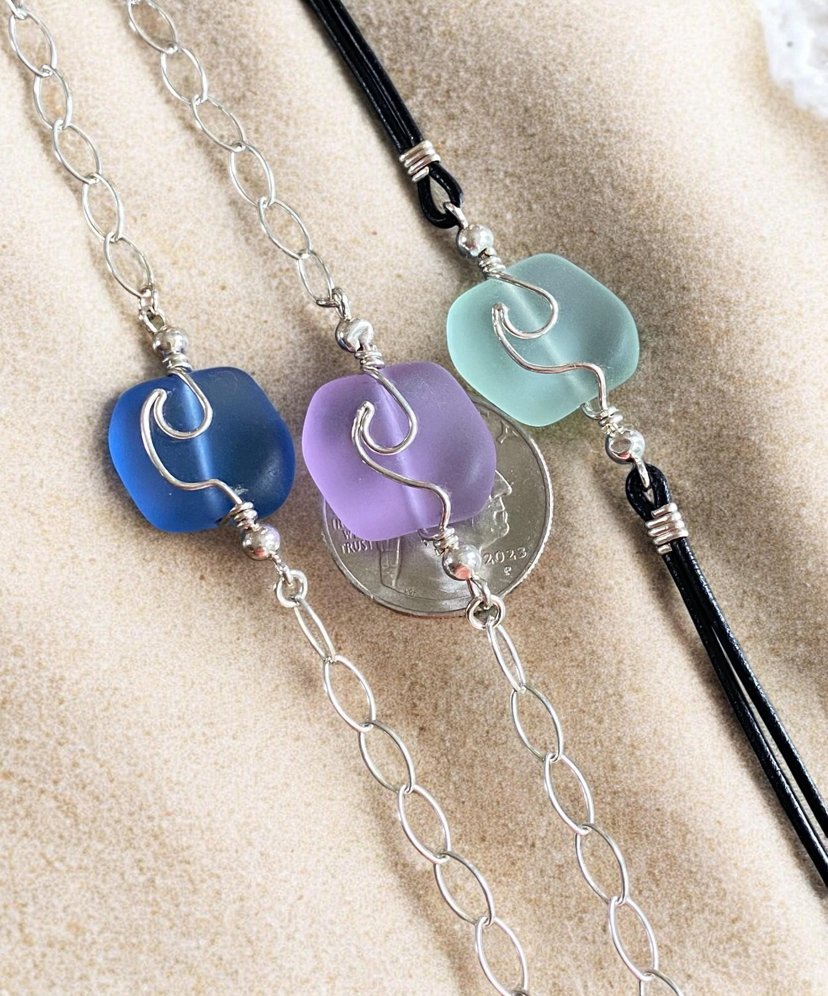 Sterling Silver & Leather Sea Glass Bracelet, Beach Glass Ocean Wave Bracelet, Ocean Wave Bracelet ,Beach Jewelry, Nautical Bracelet,