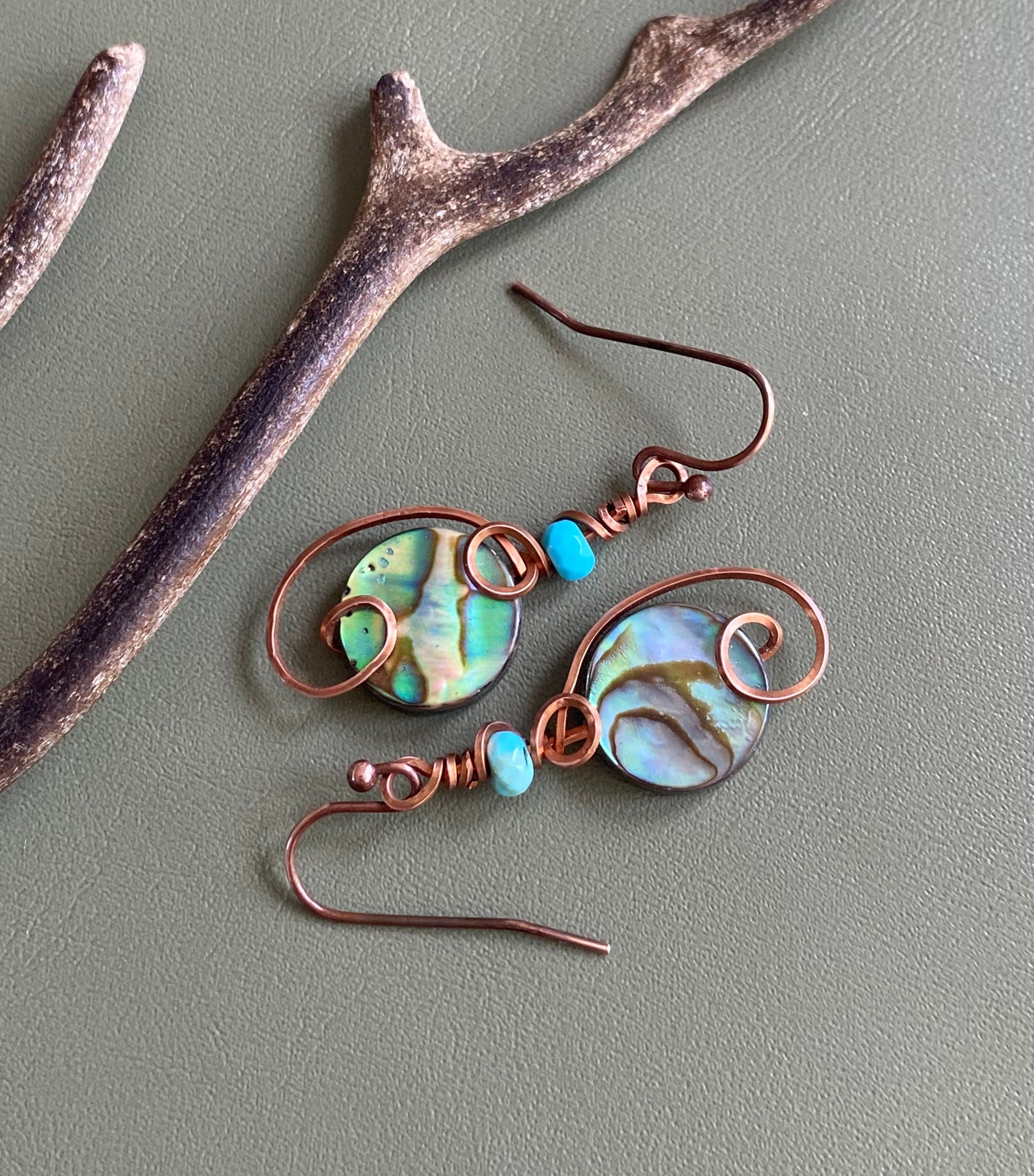 Abalone Earrings, Wire Wrapped Abalone Earrings in Antiqued Copper Wire, Abalone Paua Shell Earring, Abalone Shell Jewelry,
