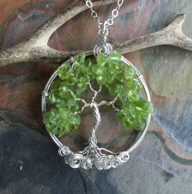 Tree of life Necklace, Peridot Tree of Life Necklace in Sterling Silver, Christmas Tree of Life