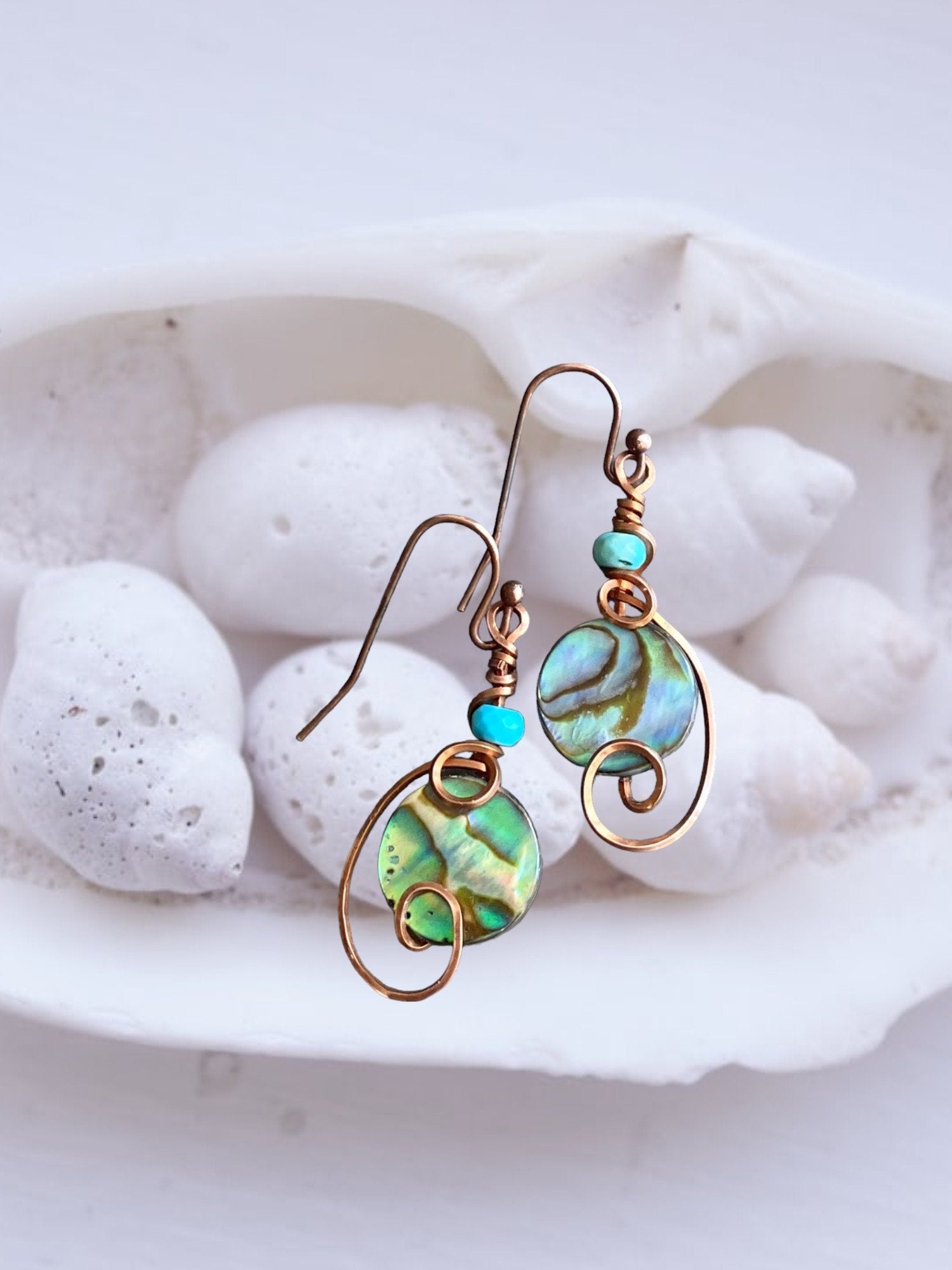 Abalone Earrings, Wire Wrapped Abalone Earrings in Antiqued Copper Wire, Abalone Paua Shell Earring, Abalone Shell Jewelry,