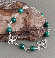 Clover Bracelet Malachite in Sterling Silver, Wire Wrapped Celtic Clover Bracelet,