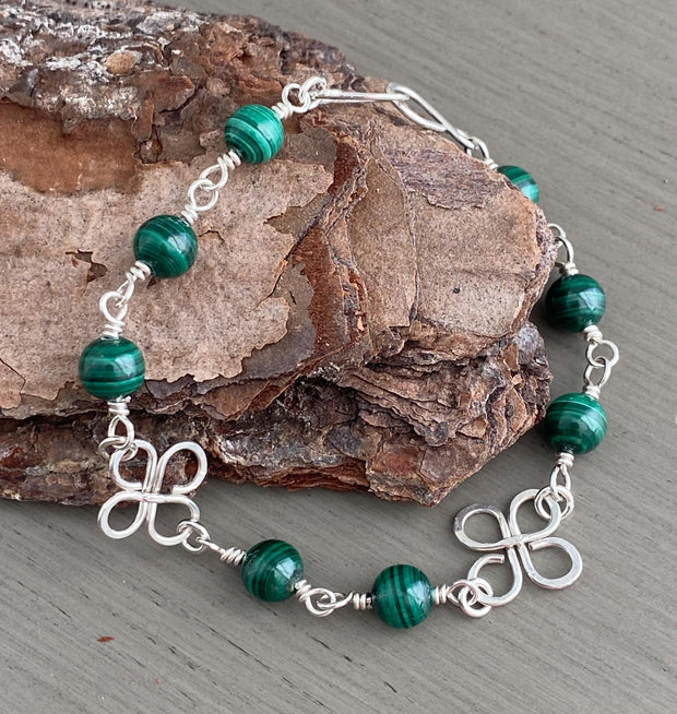 Clover Bracelet Malachite in Sterling Silver, Wire Wrapped Celtic Clover Bracelet,