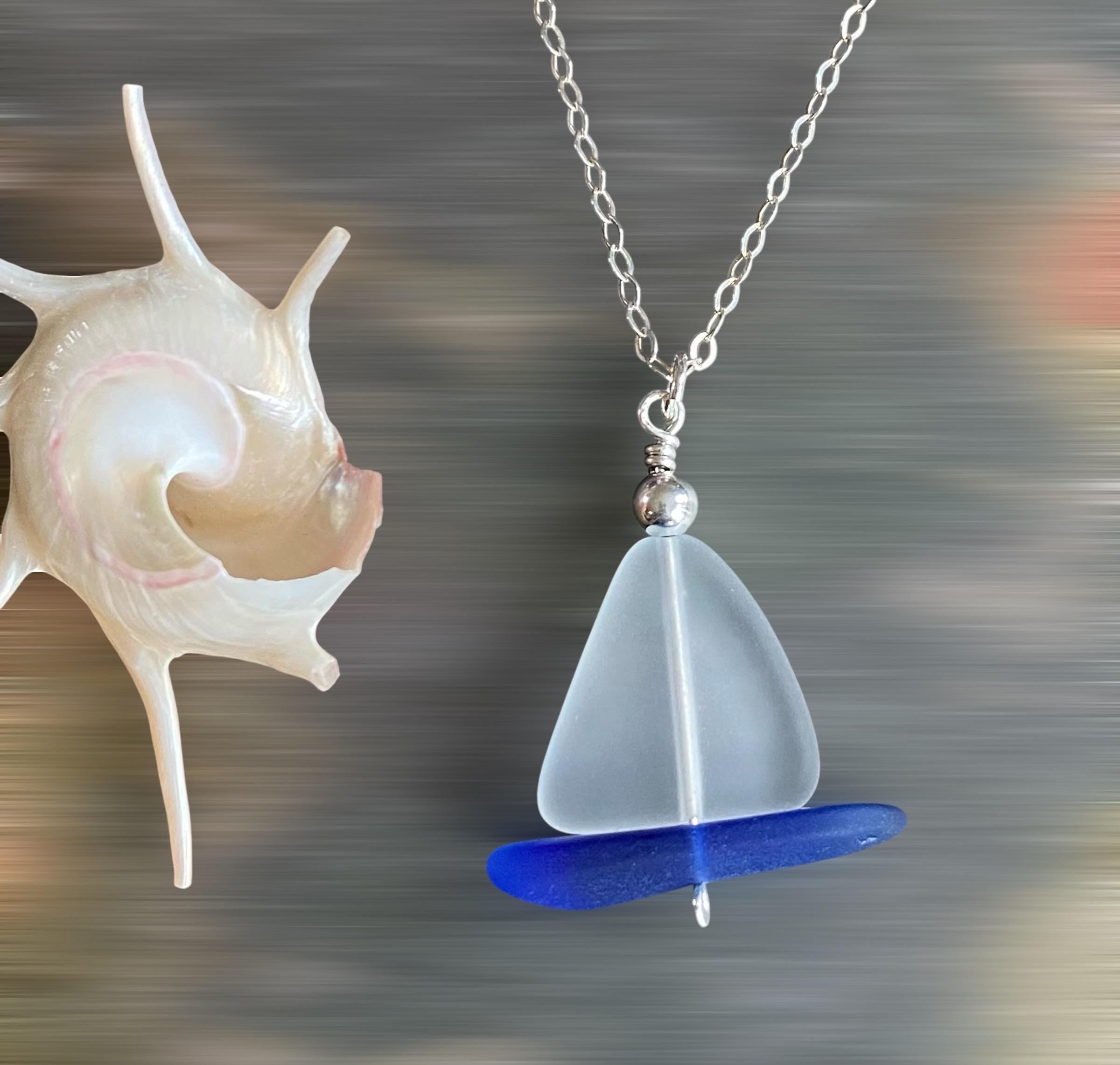 White Sea Glass Sailboat Earrings in Sterling Silver, Ocean-Inspired Beach Glass Sailboat Necklace and Earring SET,  Nautical Beach Jewelry"
