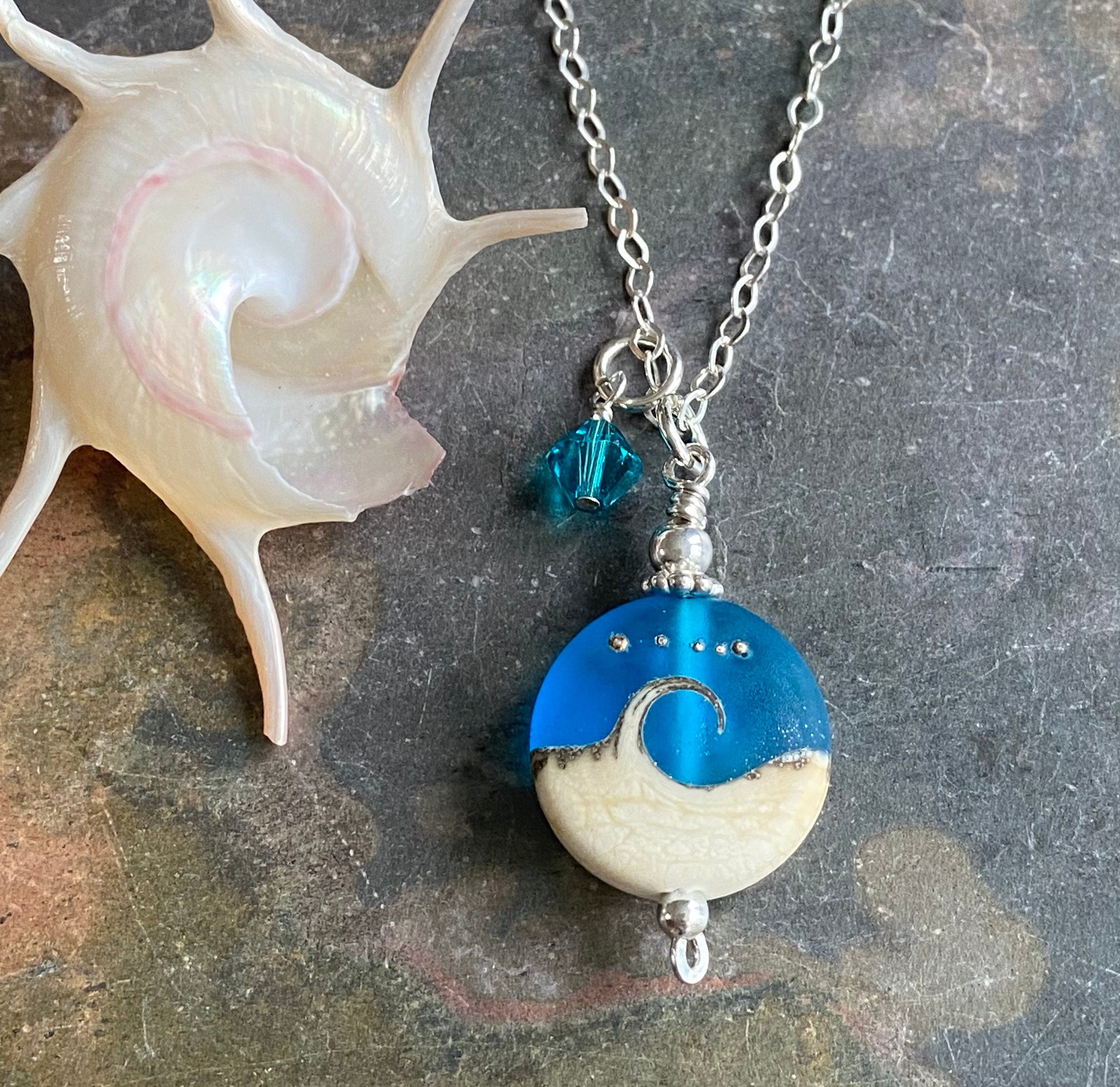 Blue Beach Wave Necklace in .925 Sterling Silver, Ocean Wave Necklace, Blue Beach Wave Sea Glass Necklace ,Wave Lampwork Pendant Necklace