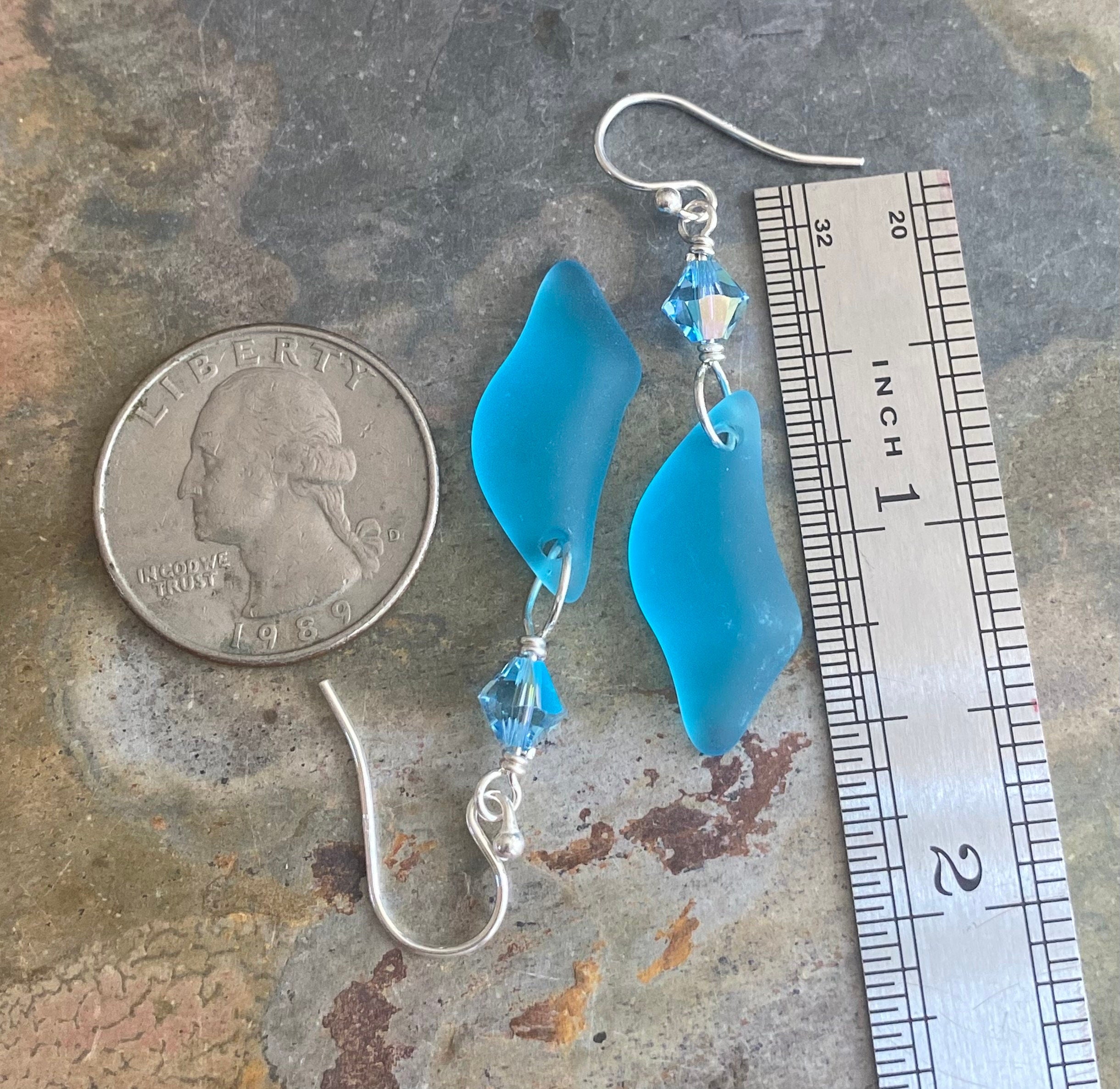 Wire wrapped Sea Glass Jewelry in Sterling Silver, Sea Glass Silver Earrings, Dangling Earrings ,Beach Weddings, Sea Glass  earrings