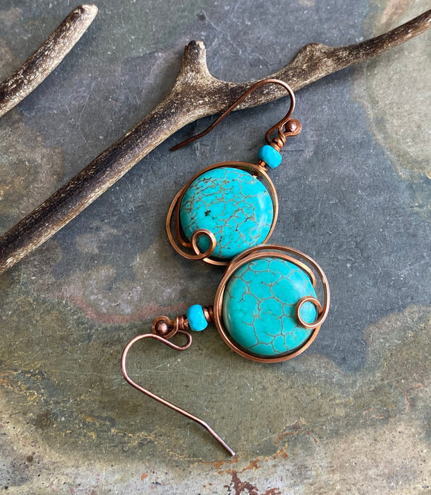 Wire Wrapped Turquoise Earrings, Howlite Turquoise Gemstone Herringbone Dangle Earrings in Copper, Gemstone Copper Earrings,
